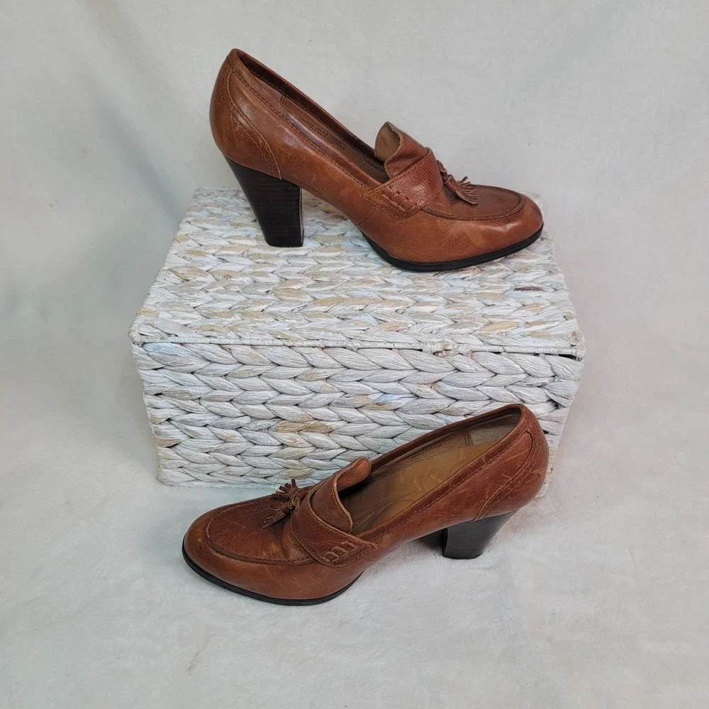 Born Nance Style Heel Loafer Academia Witchy Boho Brown Leather Tassel Size 8 - Picture 1 of 7